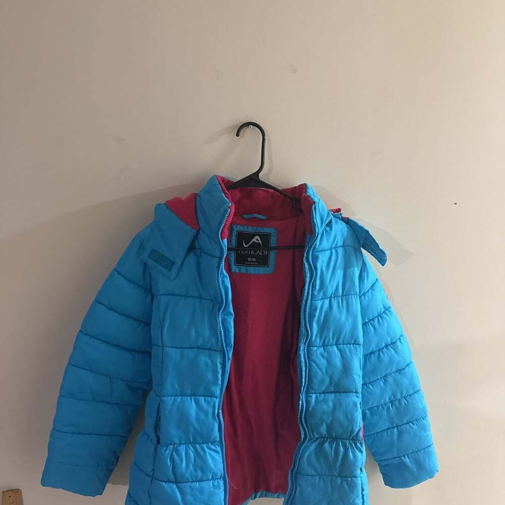 VERTICAL 9 Girls' Turquoise Puffer Jacket with Pink Fleece Lining, Size 14/16
